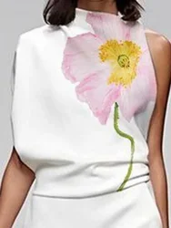 Uoozee Women Fashion Floral Printed High Neck Vest Tops 2024 New Summer Sleeveless Loose Asymmetric Casual White T-shirts