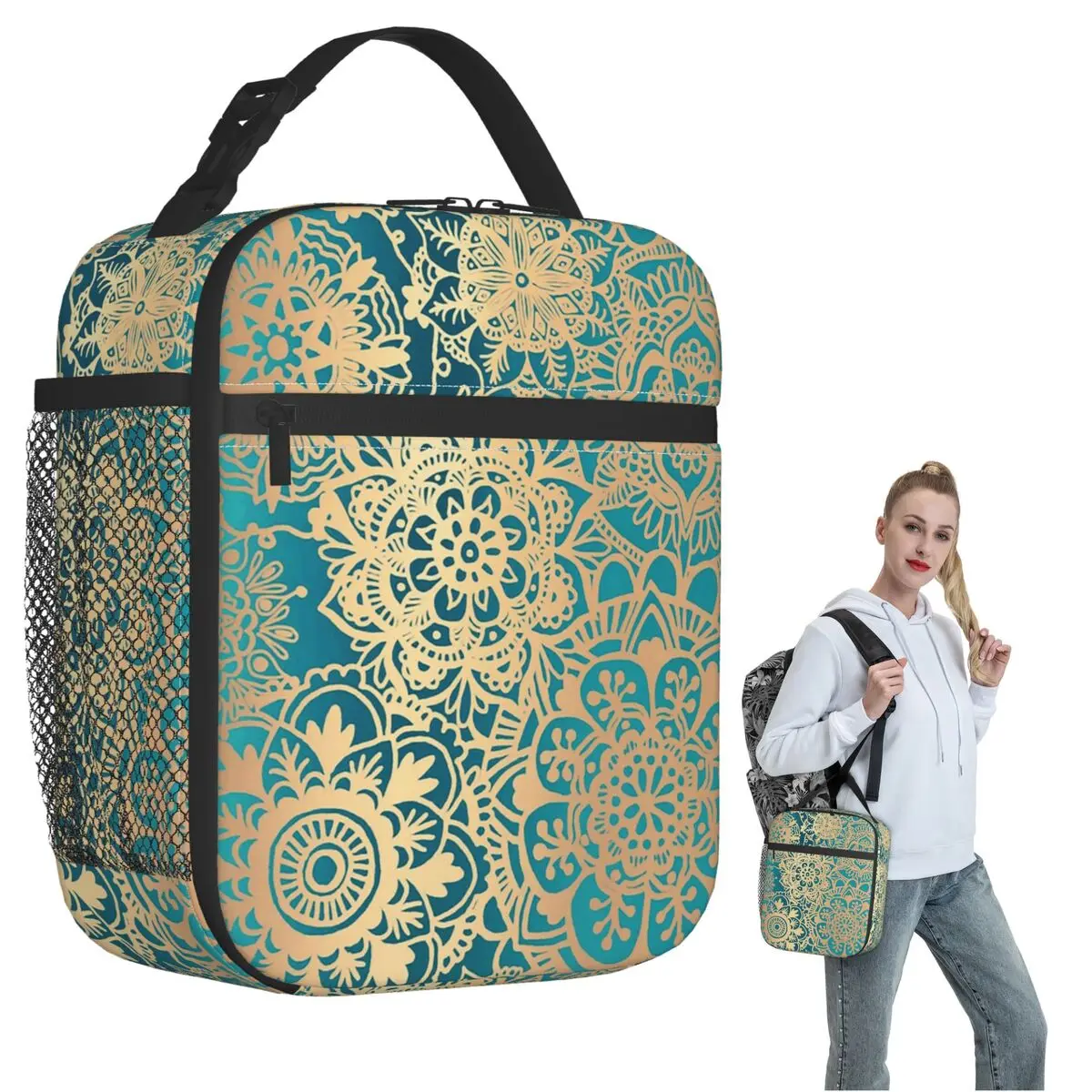 Green Bohemian Mandala Insulated Lunch Bag for Women Children Leakproof Food Boxes Thermal Lunch Box Tote