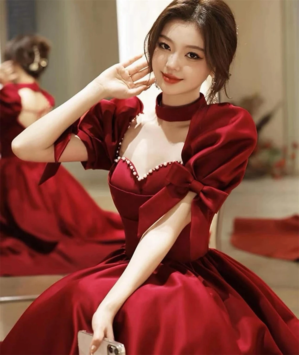 

Customized Classic Burgundy Satin Off the Shoulder Short Sleeves Prom Gowns Elegant A-Line Floor Length Pearls Evening Dress