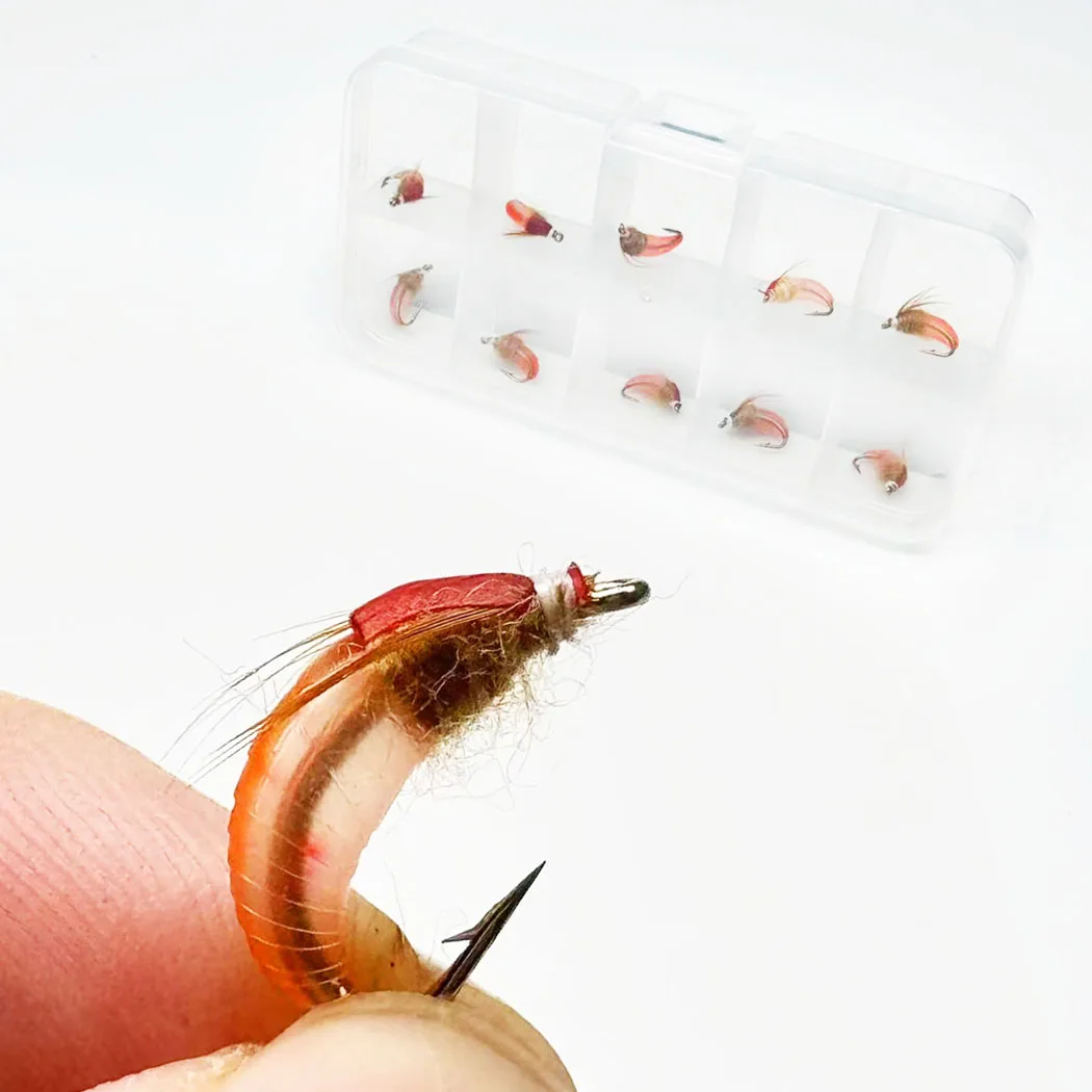 Fliegenfischen-Köder 10 Stück (mit Fliegenbox) Scud Nymph Red Bait Künstlicher Trockenköder für Forellen- und Barschangeln – Detail 2