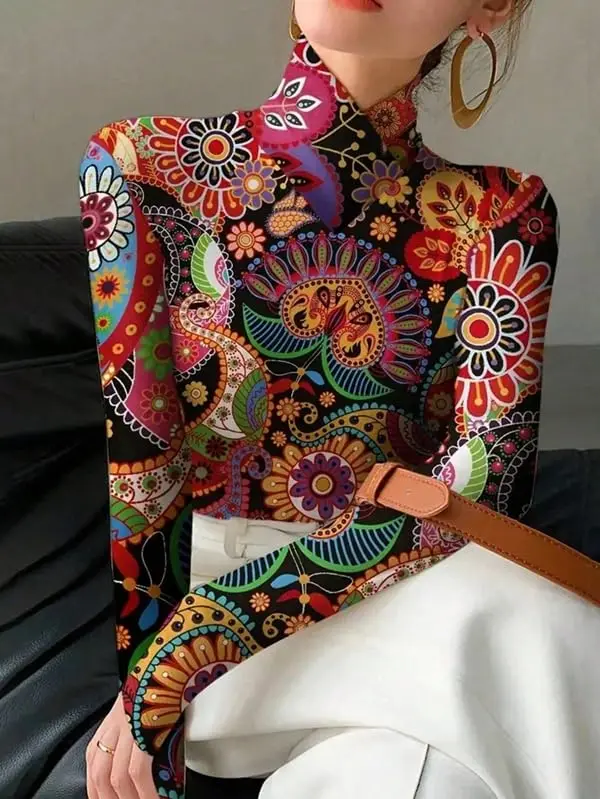 Women Mock Neck Paisley Floral Print Long Sleeve Slim Fit Boho Casual Basic Top