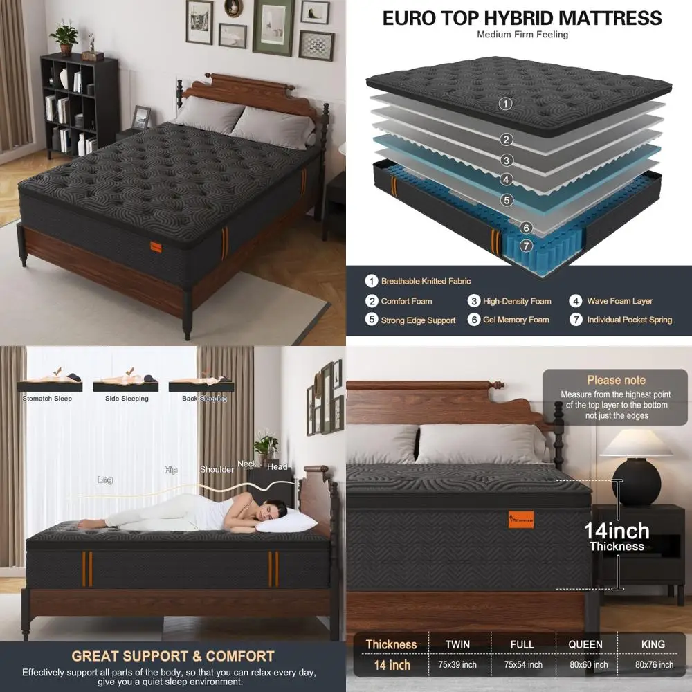 

Hybrid Queen Mattress, 14 Inches, Boxed with Strong Support, Fiberglass-Free, Motion Isolation, and Individual Pocketed Coils