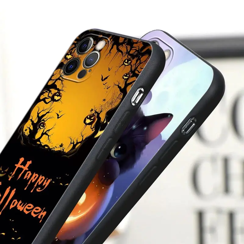 Happy Halloween Black Case for IPhone 12 11 13 14 Pro Max XS 15 8 7 Plus SE 2 Cover Horrible Cat Bat Pumpkin Witch Castle Fundas