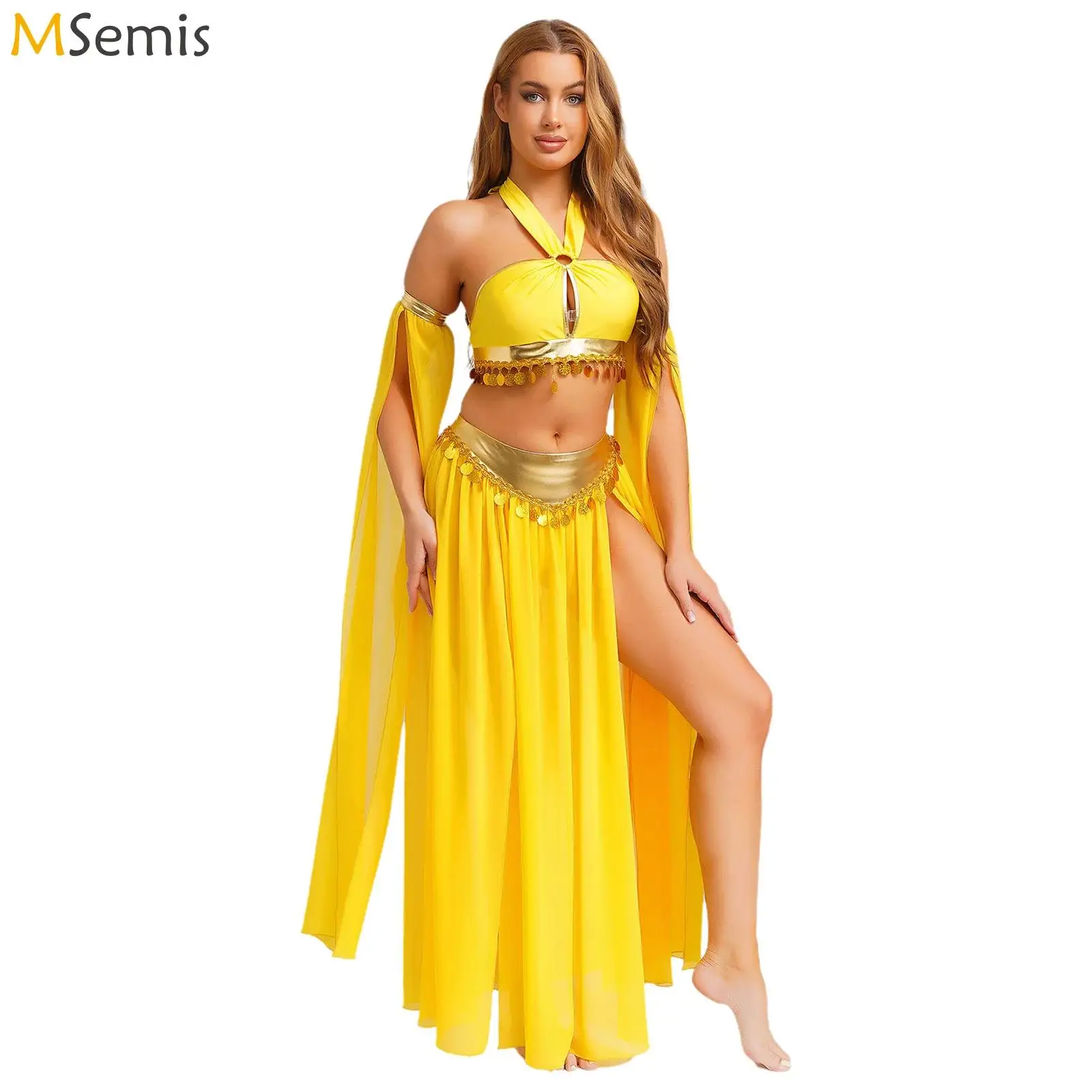 

Женский арабский восточный индийский костюм для танца живота, укороченный топ с блестками по подолу и встроенными трусами, шифоновая юбка с боковым разрезом