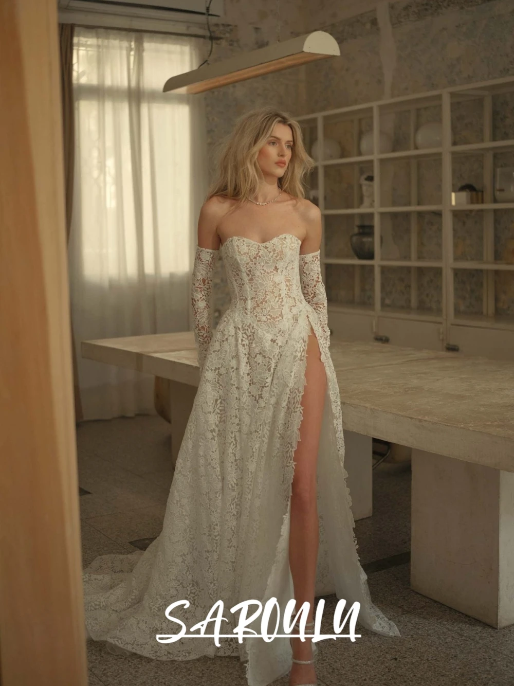 

Newest Romantic Heart-shaped Neckline Fully Lace Bride Dress Customized Elegant Delicate Corset Sexy High Slit Wedding Gown