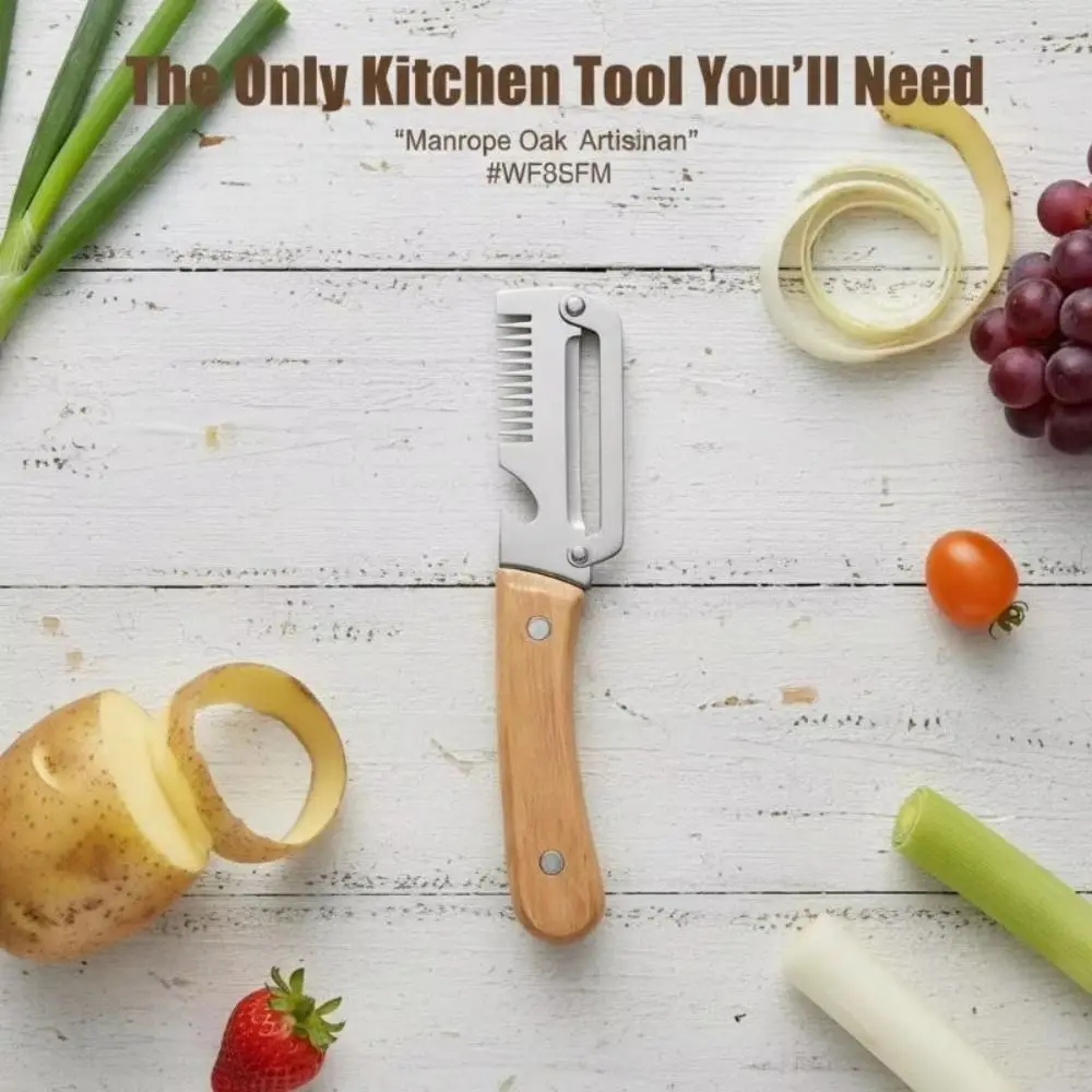 3-in-1 Vegetable Peeler Wooden Handle Stainless Steel Kitchen Shredder with Bottle Opener Peeling Tool for Fruit and Vegetable
