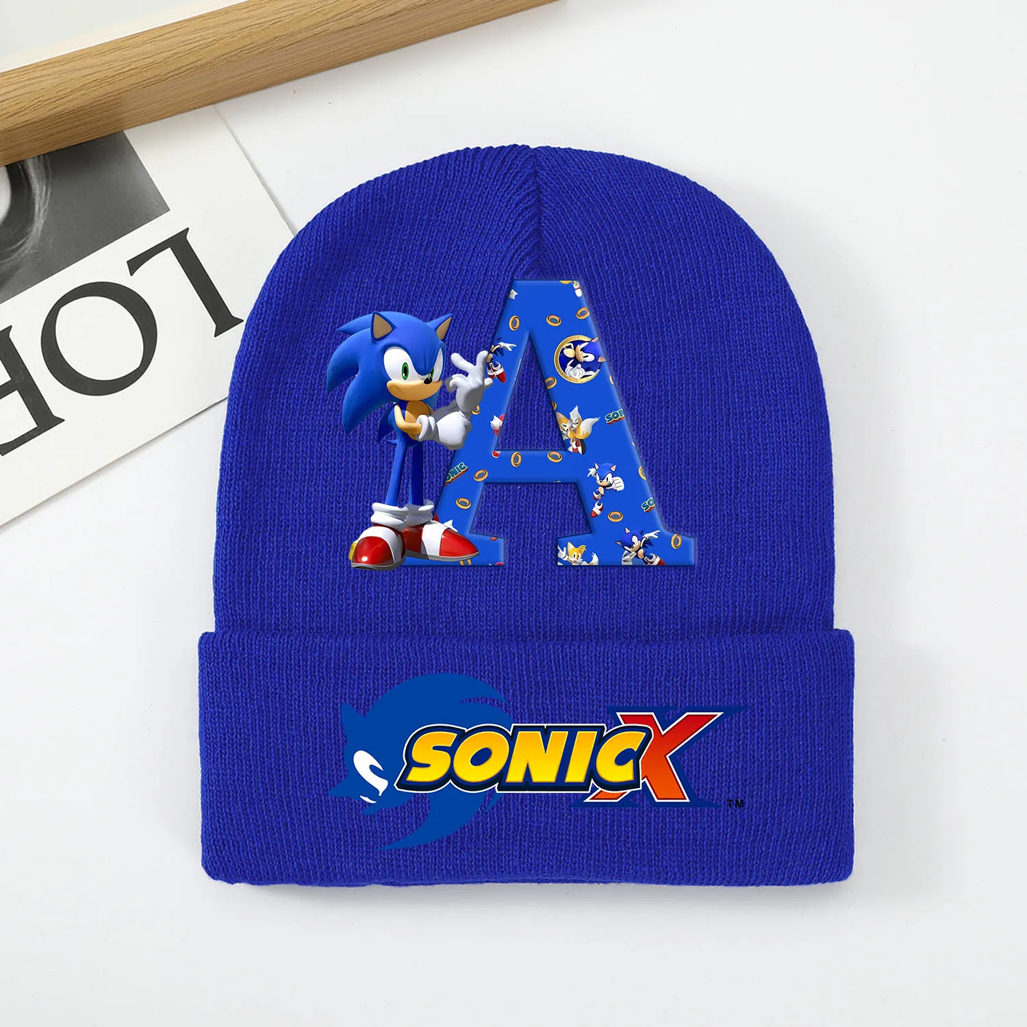 Sonic New Knitted Hat for Children Anime Letter A-Z Knitted Cap Cartoon Blue Caps Decoration Fashion Skullies Beanies Kids Gift