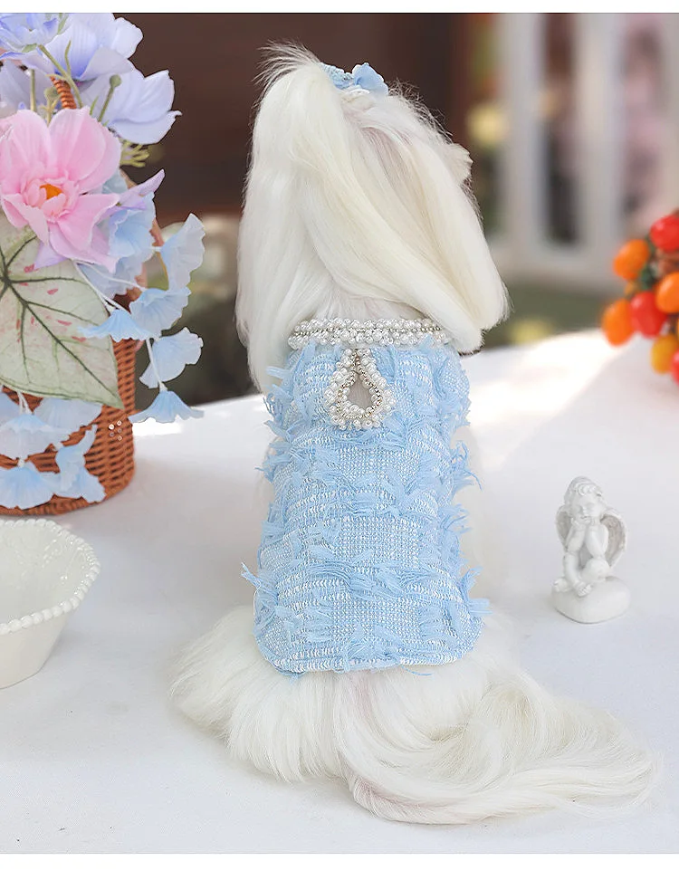 

High-End Custom Blue Wool Pearl Collar Pet Dress For Small Dogs