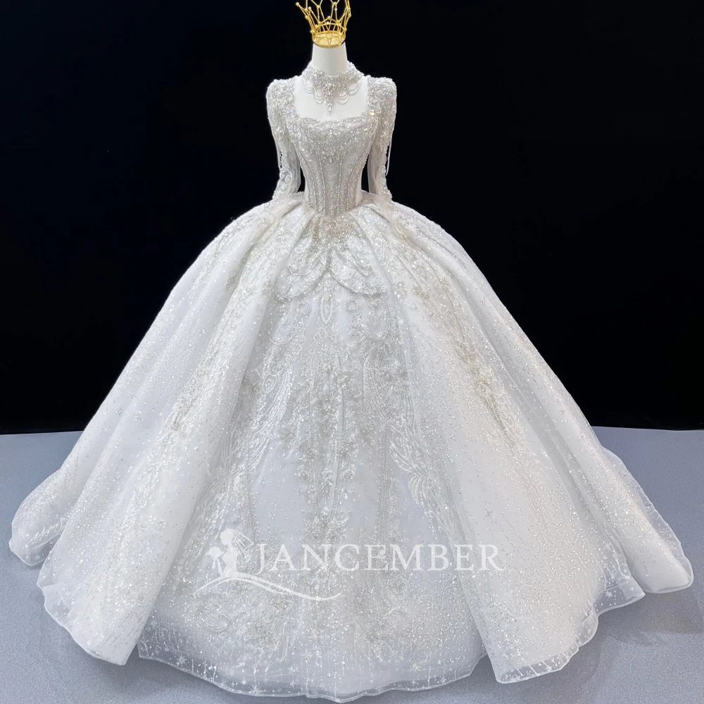 Customized Exquisite Square Collar Long Sleeve Ball Gown Wedding Dress Beading Court Train Princess Bridal Gown robe de mariée
