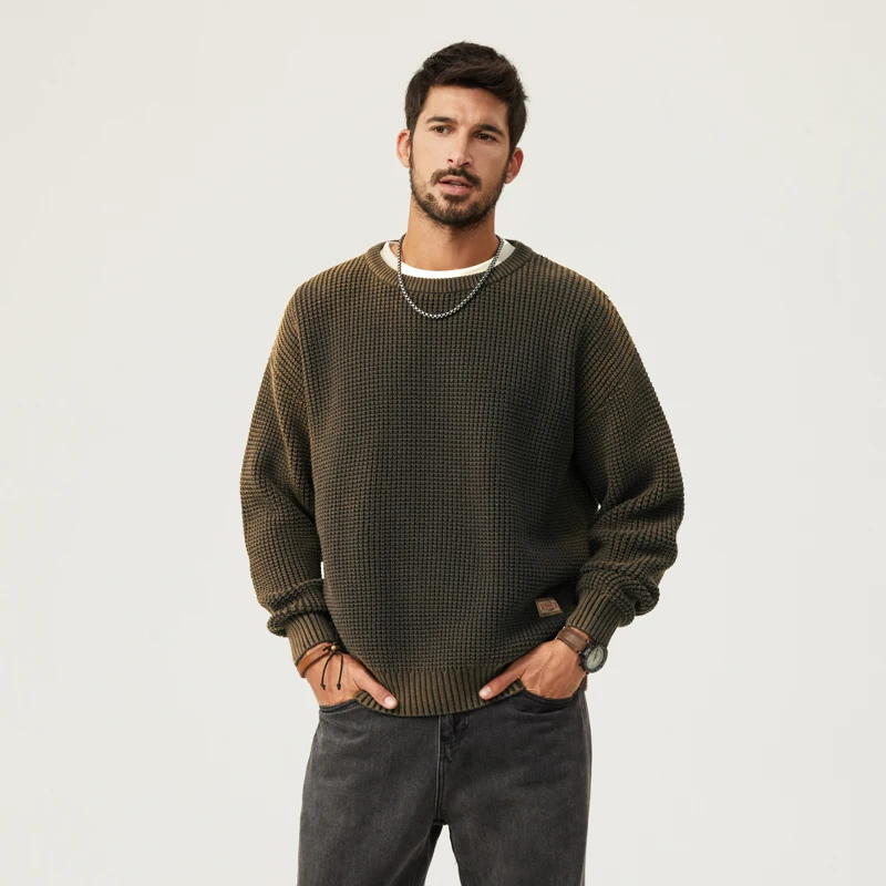 Autumn men's work style knitwear casual loose large size gradient sweater men's patch round neck pullover tops