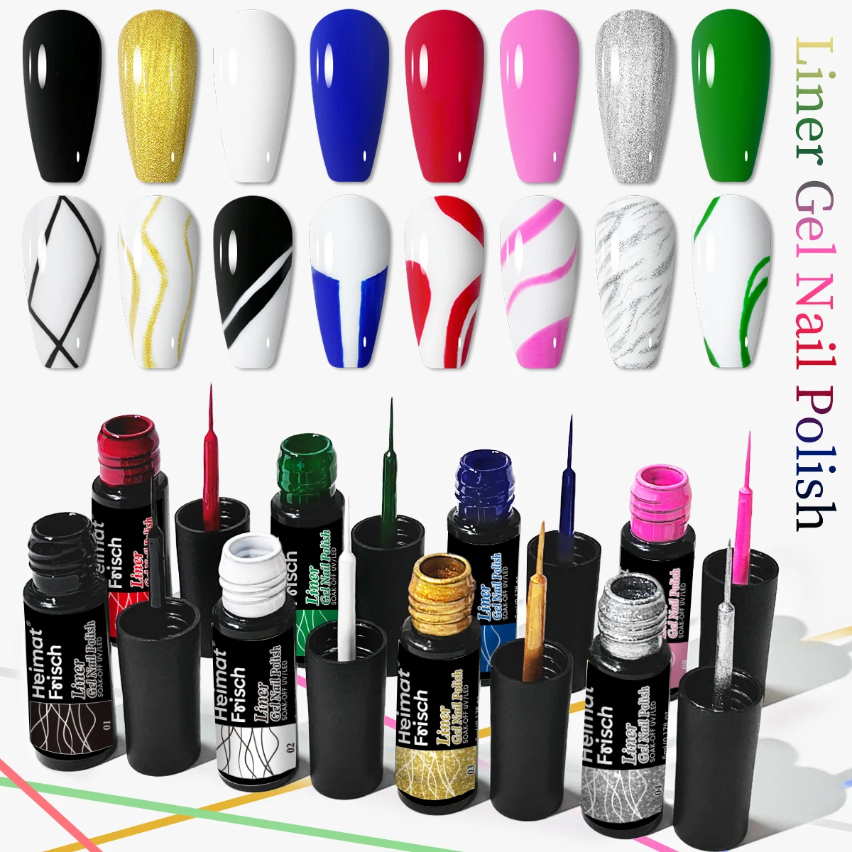Heimat Frisch 6 Color Gel Nail Liner Set, soak-to-remove hardener, liquid form, alcohol-free, includes a fine detail brush, bl