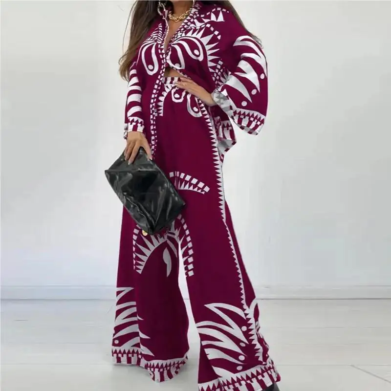 

Autumn Ethnic Fashion Casual Bohemia Print Loose Set Spring Flared Sleeve Open Shirt & Wide Leg Long Pants Suit Women Vintage