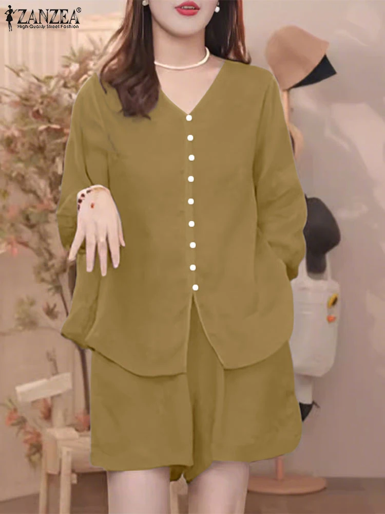 

ZANZEA Fashion Short Sets 2025 Women Summer 2PCS Casual V-Neck Loose Solid Color Tops and Wide Leg Shorts Lady Two-piece Outfits