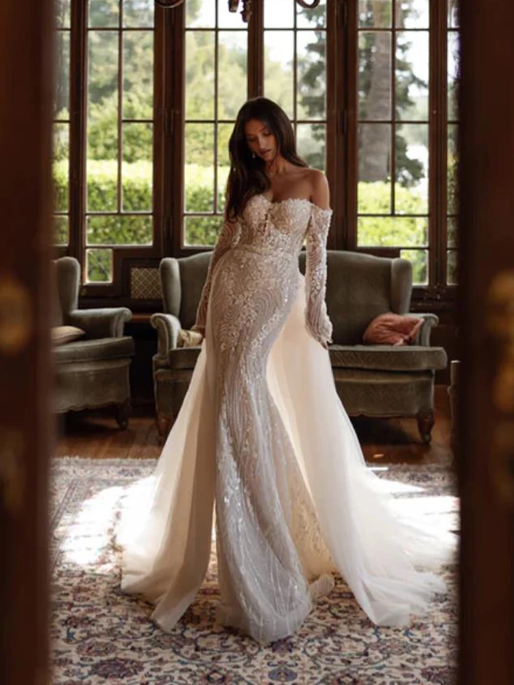 Aedmgh sirène robes De mariée Sexy hors De l'épaule robe De Novia dentelle perlée détachable Train sur mesure robes De mariée