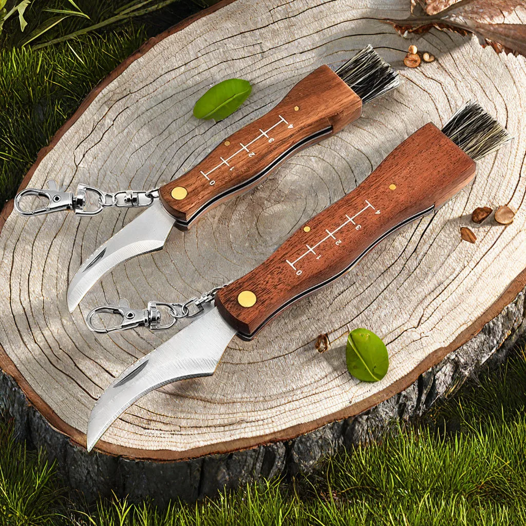 Outdoor Camping BBQ Mushroom Knife With Brush Portable Keychain Sharp Hunting Survival Multifunctional Folding Knife Brushes