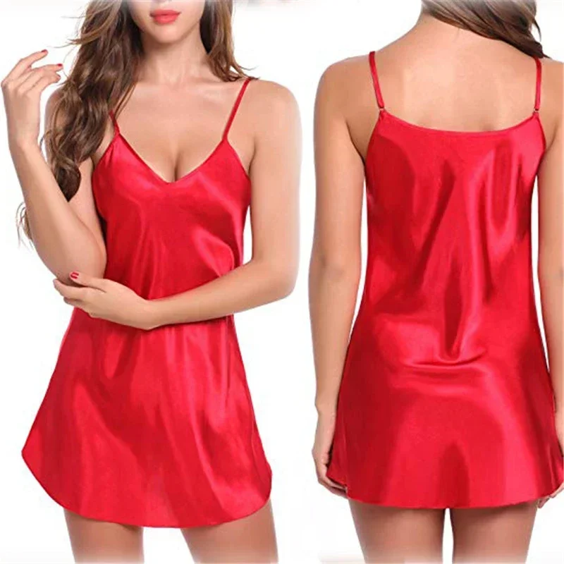 Women\'s Sexy Nightdress Satin Babydoll Sleeveless Nighties V Neck Lingerie Female Lace Pajamas Sleepwear Nightwear