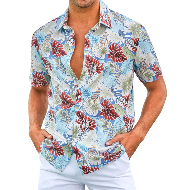 Men\'s shirt printed lapel summer short-sleeved Hawaiian simple new style daily vacation breathable casual and comfortable