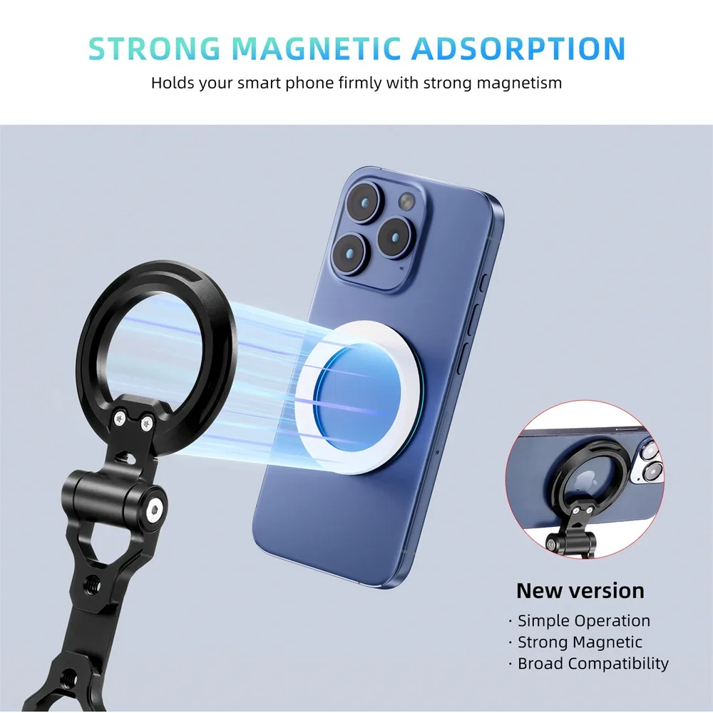 

MagSafe Phone Tripod Mount w/Cold Shoe 270 Adjustable Aluminum Holder for iPhone 12-16 -1/4" Screw + Magnetic Base