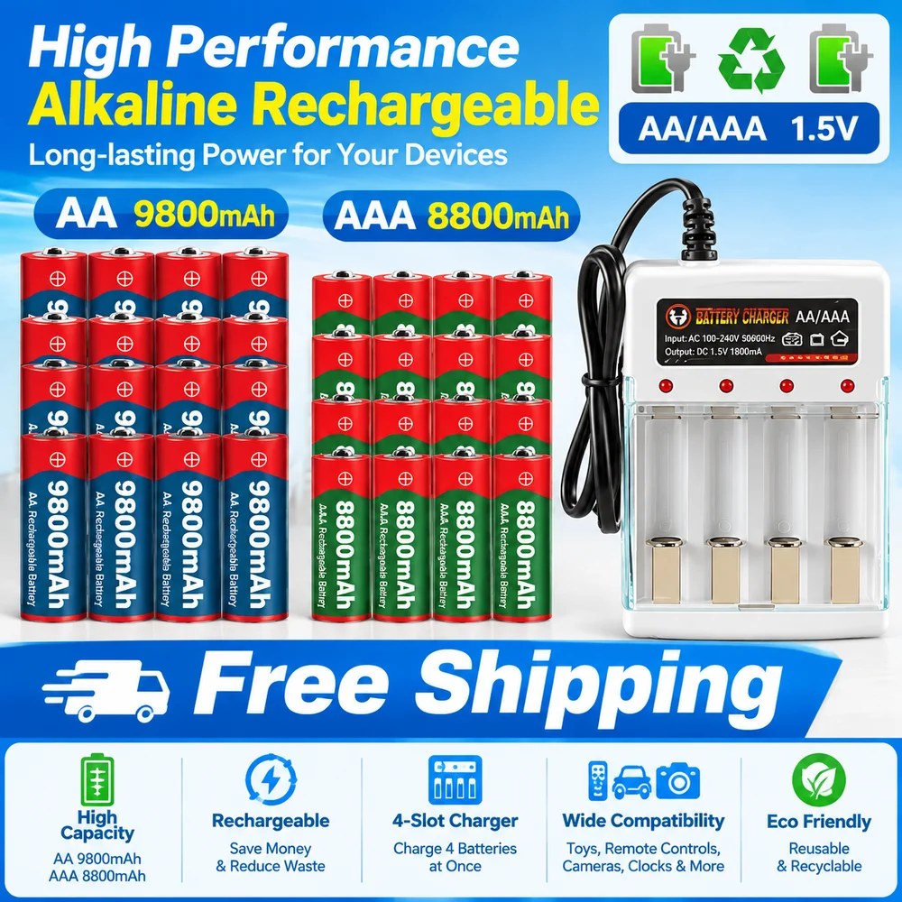 Ensemble de piles rechargeables réutilisables 1,5 V AA et AAA, AA 9800 mAh, AAA 8800 mAh, avec chargeur, source d’alimentation stable pour les jouets, les appareils photo numériques, les manettes de jeu et les appareils électroniques domestiques, livraison en 3 à 7 jours.