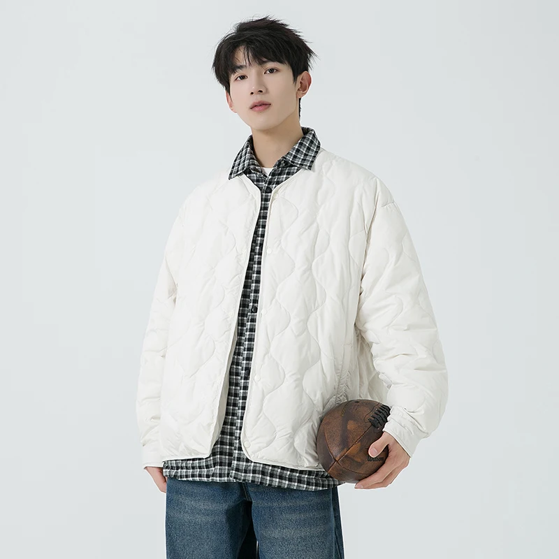 Men Down Jacket Lattice Turndown Collar Outdoor Riding Warm Puffer Jacket Leisure Streetwear Windproof Winter Coat