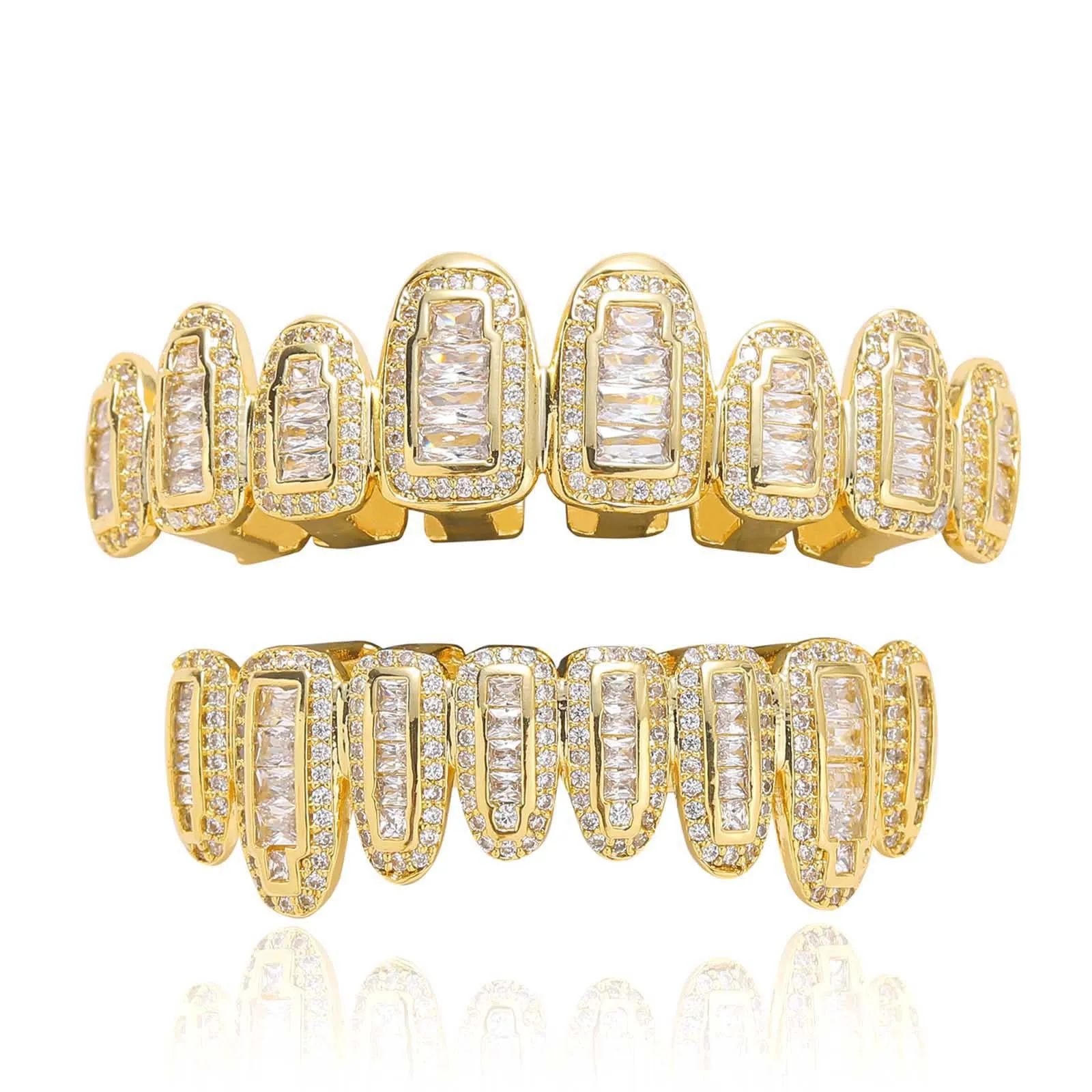 Iced Out Grillz Teeth Set Top & Bottom Hip Hop Pave Baguette CZ Dental Grills Gold Silver Color Party Cosplay Jewelry