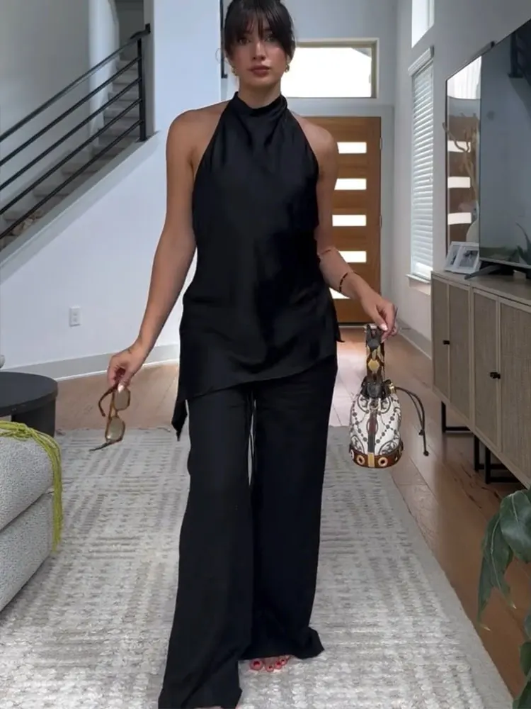 Eleganckie damskie komplety spodni z asymetrycznym topem typu halter bez pleców, spodnie z szerokimi nogawkami i sznurkiem, stroje biurowe dla kobiet.
