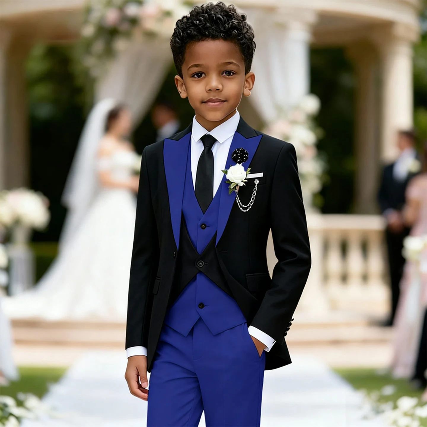 Stylish Black and Royal Blue Boys 3-Piece Formal Sui Peak Lapel and Long Suit Set Regular Length Boys Wedding Groomsman Suit