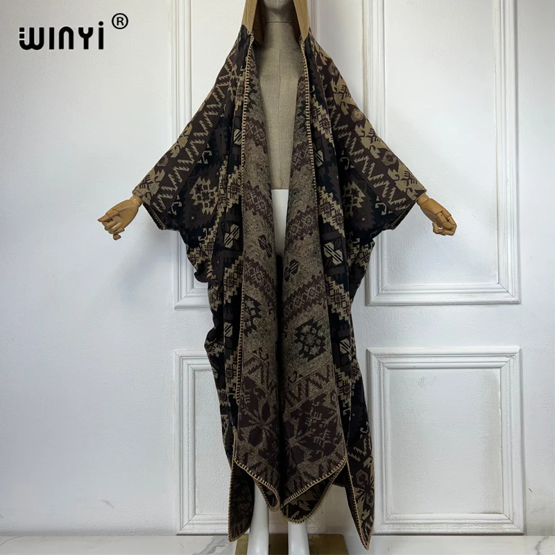 

WINYI кимоно новый принт с капюшоном зимний кардиган наряды женское длинное пуховое платье свободное пальто женский кафтан пончо мода Абая