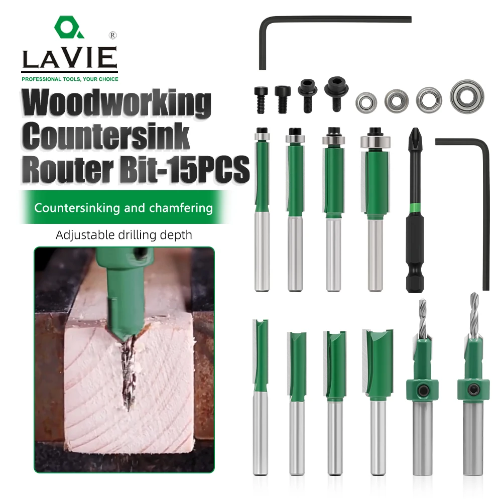 

LAVIE Wood Drill & Trim Set: Router Bits, Hole Saws, Twist Drills, Countersink Bits with Bearings For Woodworking C07T15A