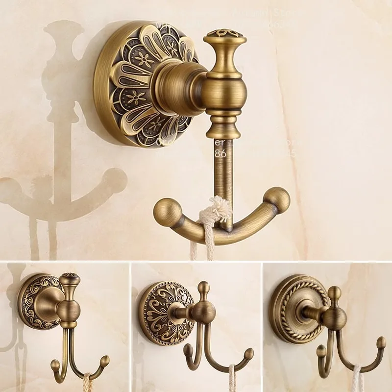 Antique European Brass Double Hook Wall‑Mount Drilled Towel Coat Hanger Hook Retro Door Back Clothes Hat Hanging Bathroom