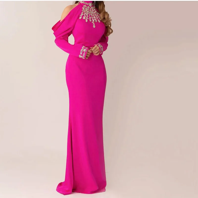 

Crystals Beaded Simple Fuchsia Prom Dresses High Neck Drop Sleeves Long Sheath Satin Floor Length Formal Evening Gowns