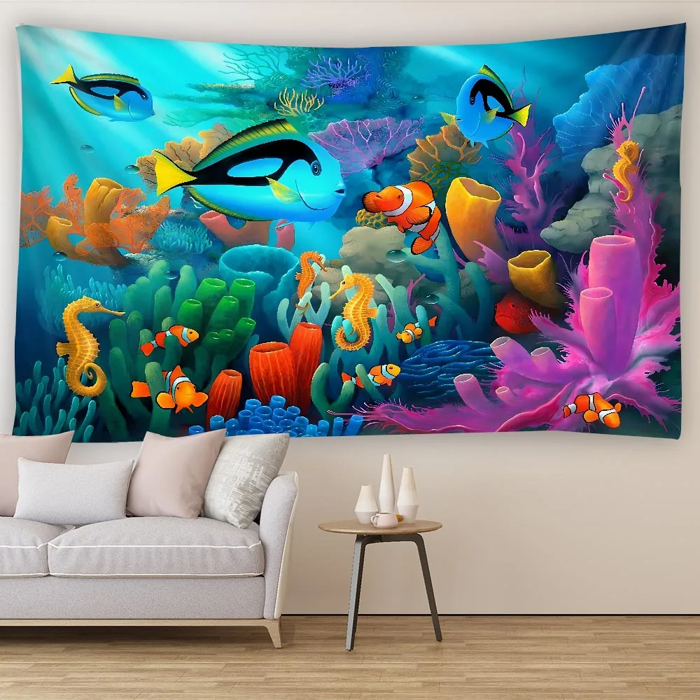 

Cartoon Underwater World Tapestry Wall Hanging Decorative Blanket for Bedroom Dormitory Background Cloth Art Decor