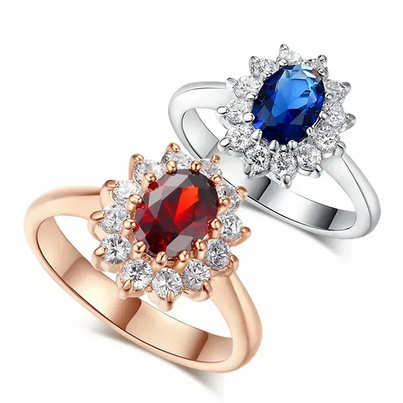 Bague de luxe en cristal incrusté de pierres précieuses bleues et rouges pour femme, anneau de mariage, bijoux fantaisie, cadeau, contre-indiqué, nouveauté