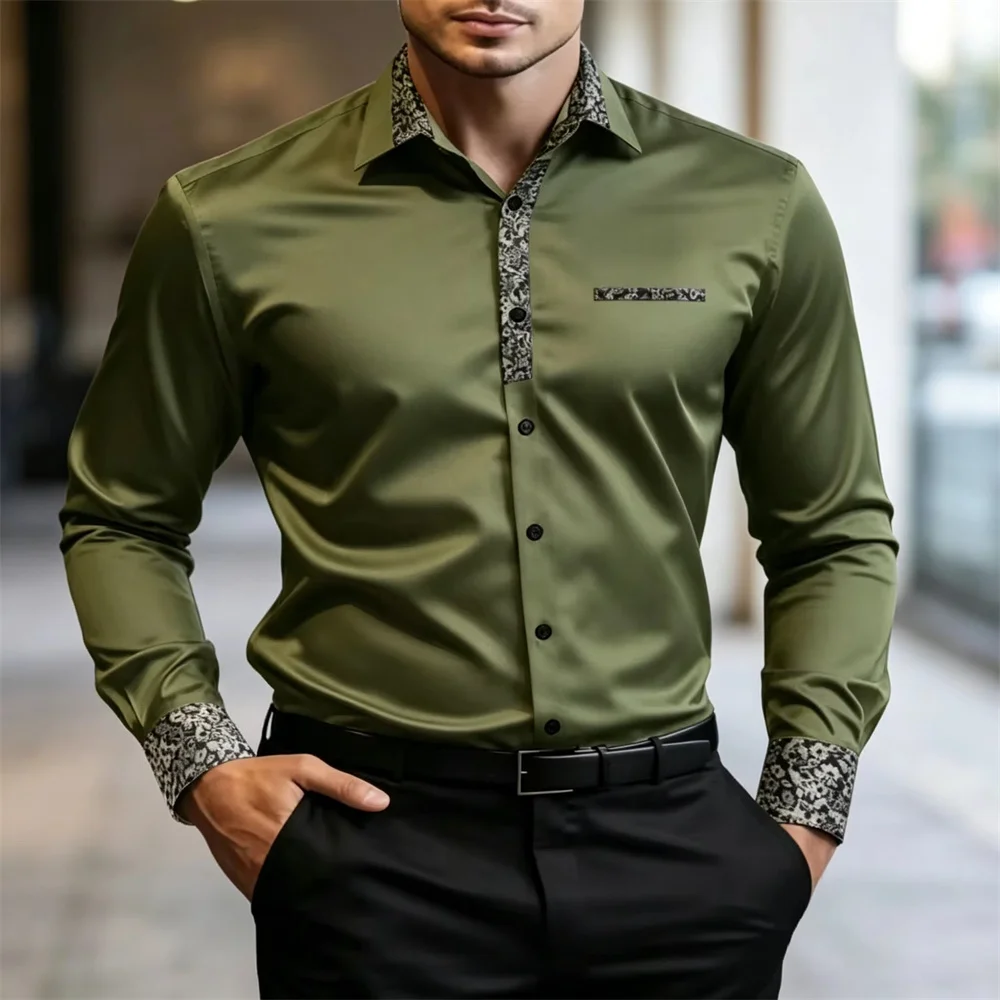 Men Long Sleeve Dress Shirt Spliced Floral Print Collar Cuff Turn‑down Collar Button‑Up Shirts For Men Business Party Formal Cas