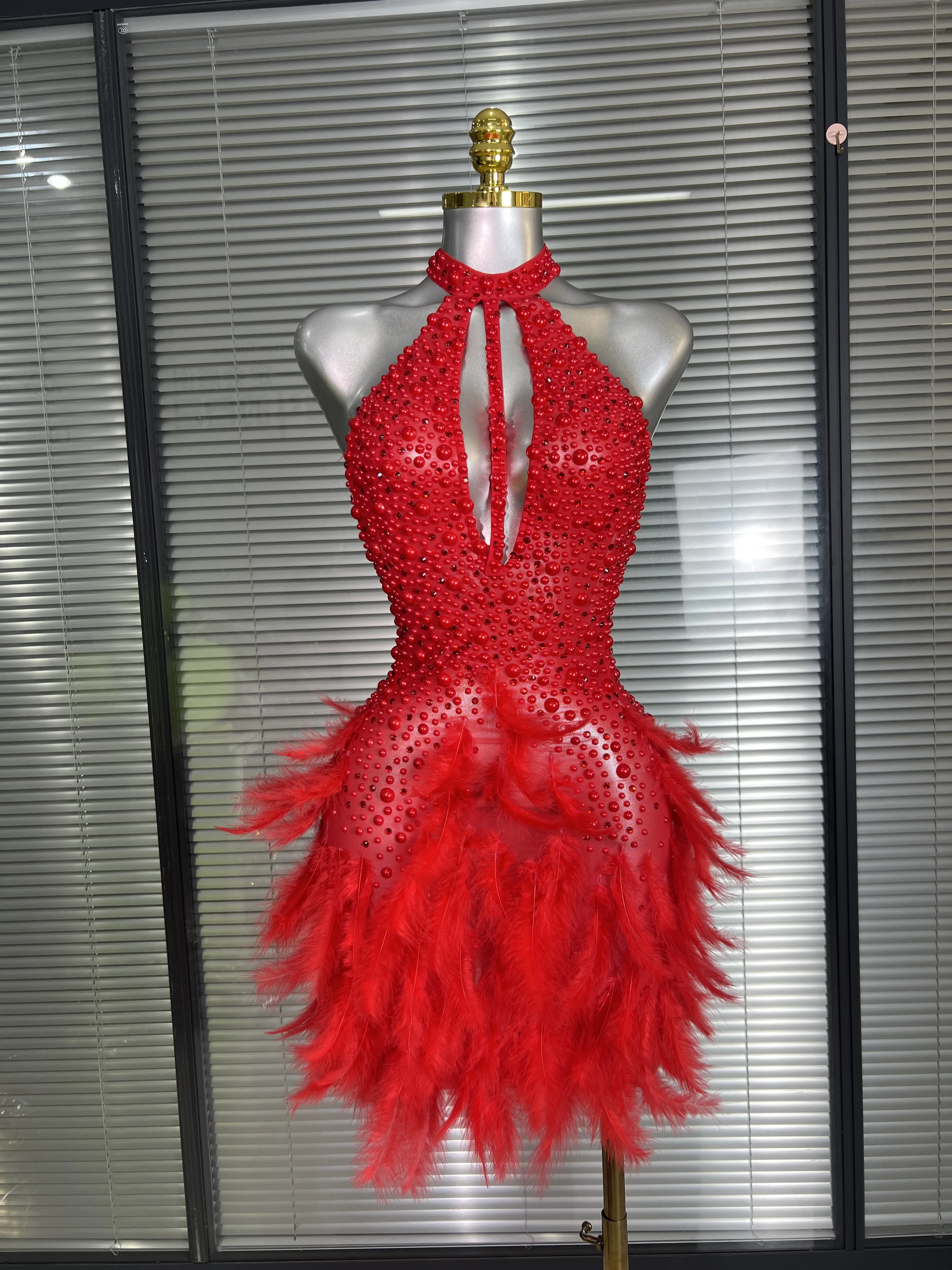 المرأة مثير عارية الذراعين شبكة الماس الريش أداء زي المرحلة راقصة البسيطة بسط ليلة نادي فستان الحفلات #4