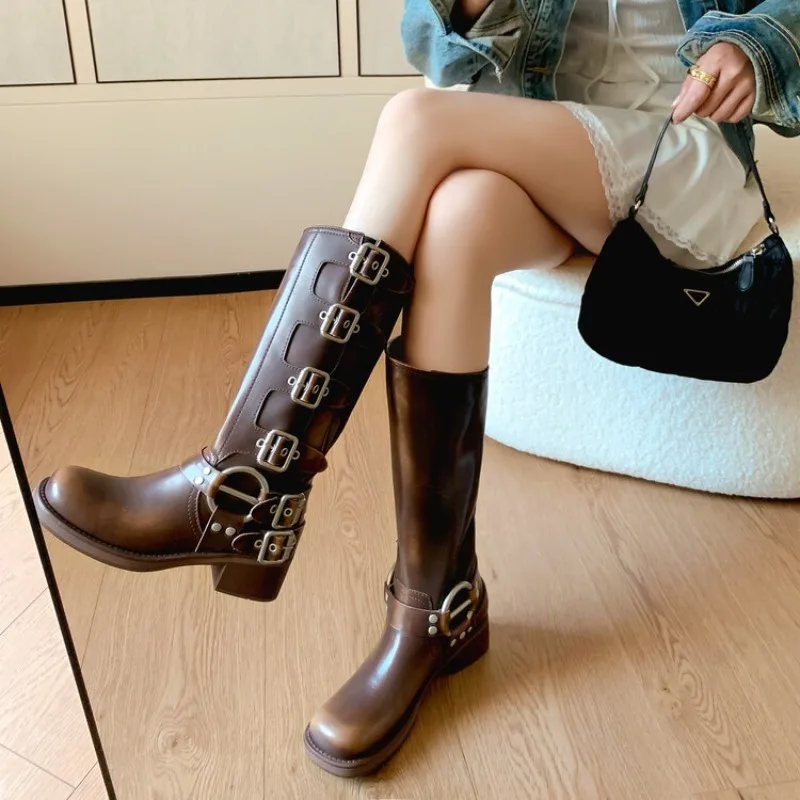 

Women's Fashion Boots Autumn Winter New High Cylinder Round Toe High Heels Metal Decorative Buckle Women's Boots Knight Shoes