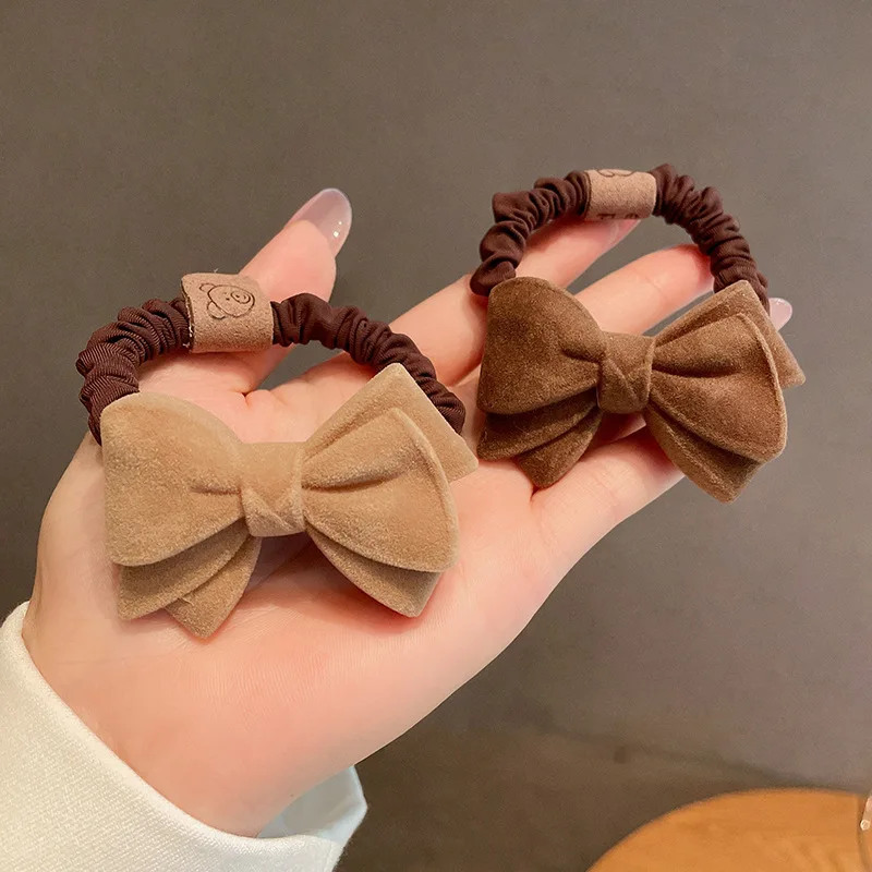 Cute Fashion Bow Knot Hair Ties Women New Hair Accessories Khaki Coffee Heart Plush Sweet Rubber Bands Scrunchie Hair Rope