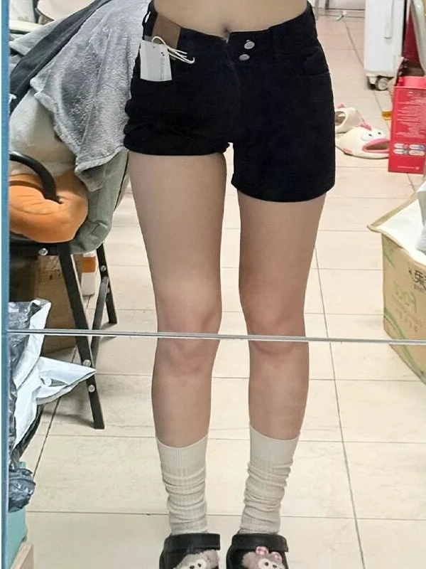 High Waist Black Denim Shorts Women's Summer Thin Design Slimming A-Line Wide Leg Three-Quarter Length Hot Pants Casual Style