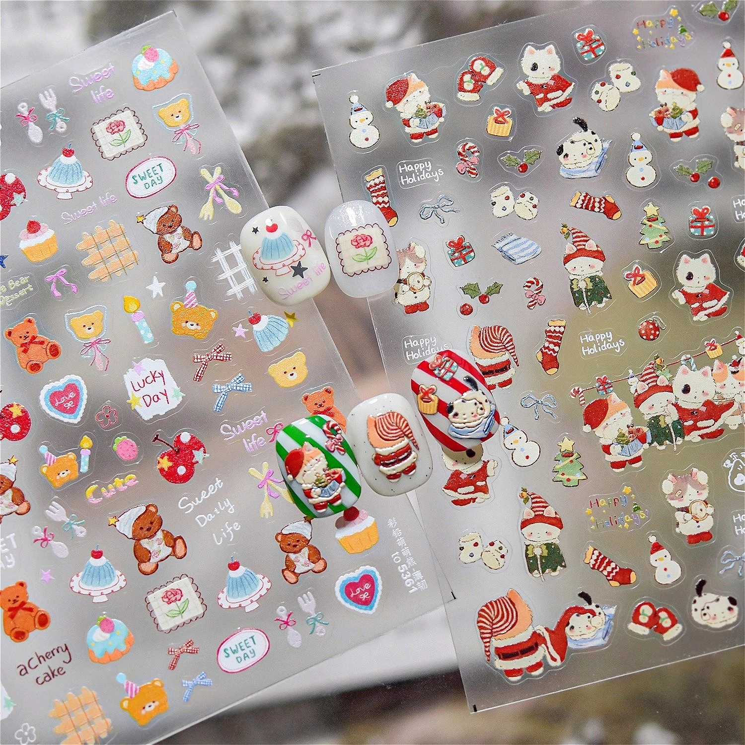 Gato dos desenhos animados urso maçã vela faca garfo meia elk bolo estrela coração bowknot boneco de neve flocos de neve natal arte do prego adesivos decalques