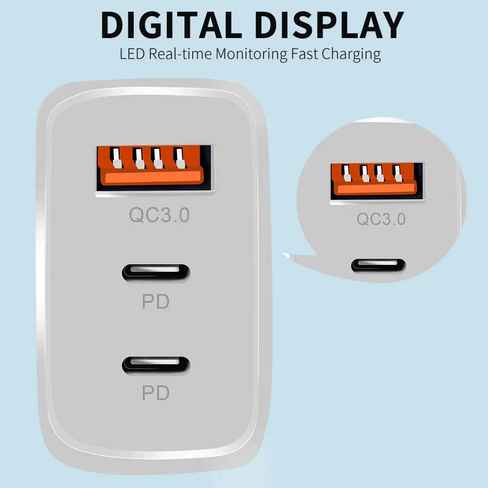 PD 60W 3 In 1 Multi Ports EU/US/UK Plug Charger USB Type C Fast Charging Wall Charger Portable Quick Charging USB Power Adapter