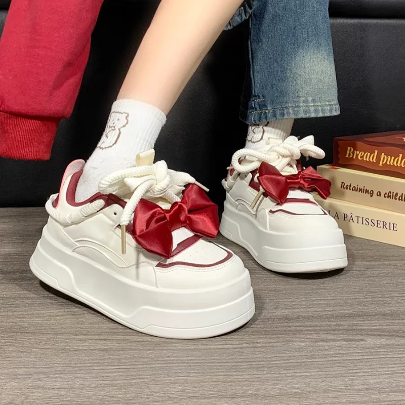 

SHANPA Original Cute Womens Volcanise Shoes Red Bow Thick Sole Skateboard Shoes Versatile Synthetic Leather Kawaii Casual Shoes