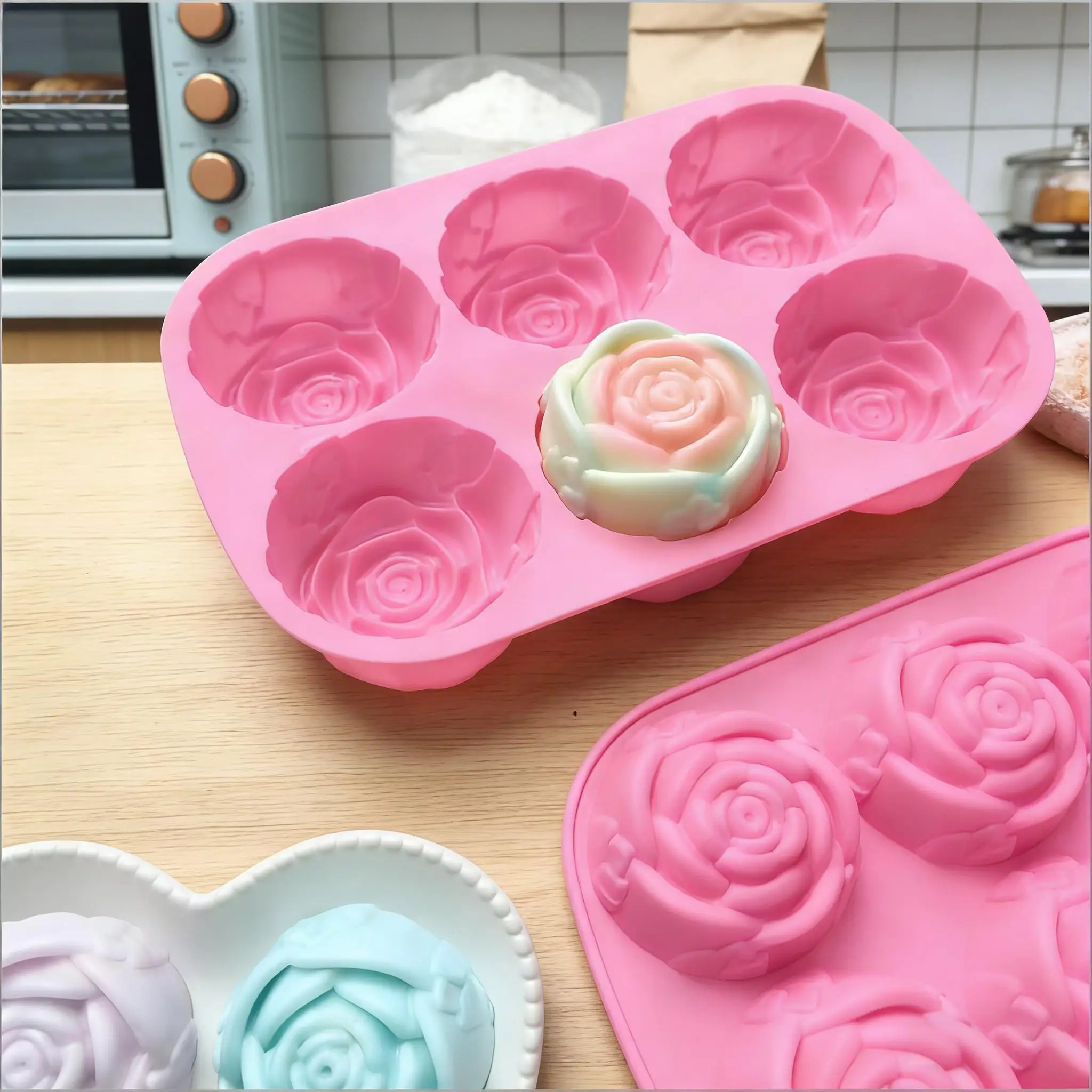 6 Holes Flower Rose Handmade Soap Candle Mold Silicone Cake Mold Bakeware Baking Dish Pan Muffin Mould Rose Ice Cube