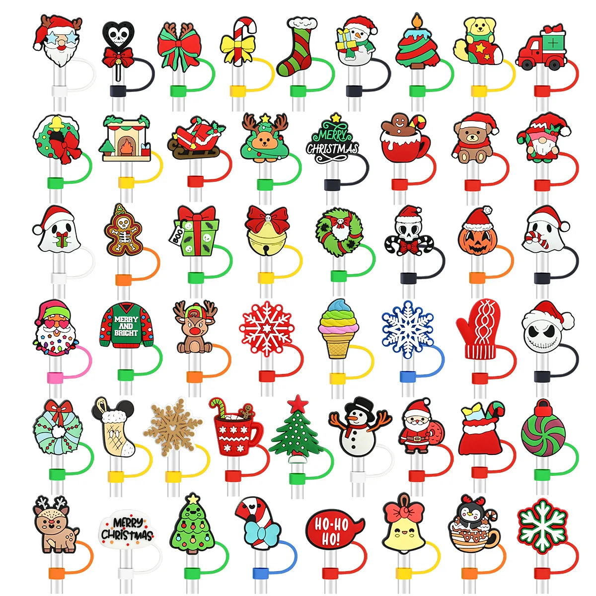 Christmas Straw Cover Santa Claus Reindeer Snowman Xmas Straw Topper Holiday Cup Straw Protector Festive Drinking Straw