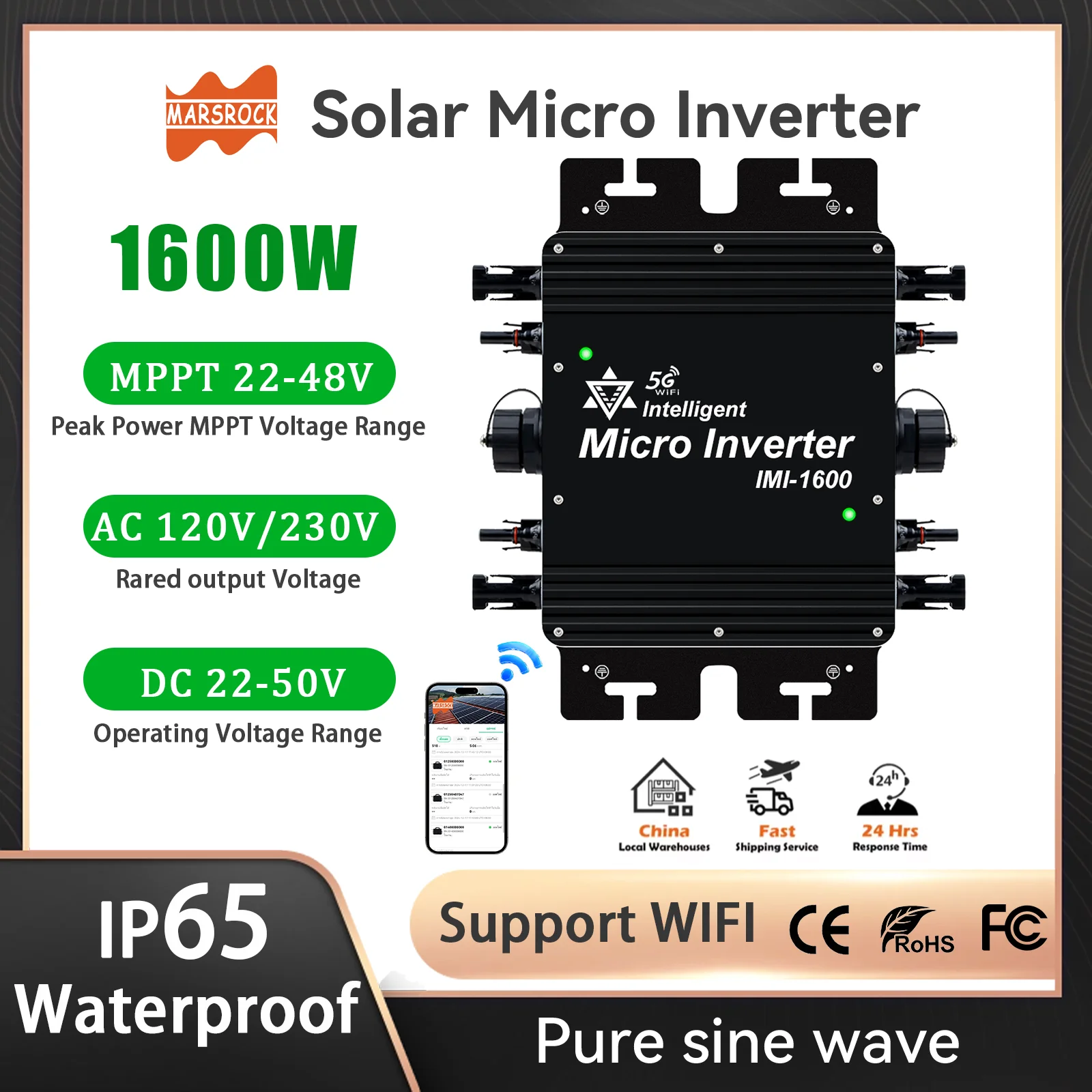 

1600W MPPT Grid Tie Solar Inverter 22-50VDC Input On Grid Microinverter For 120VAC Or 230VAC Home Grid With WiFi Control IP65