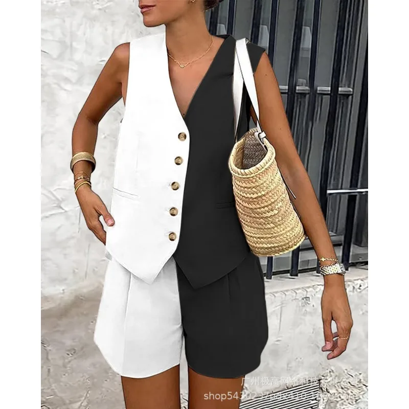 2024 Spring Summer New Solid Color Striped Suit Women's Single Breasted V-neck Vest Jacket Mid Waist Pocket Shorts Suit