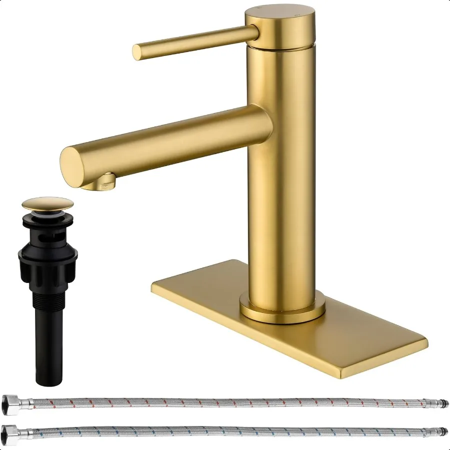 

Brushed Gold Bathroom Faucet Single Handle Brass Sink Vanity Basin Suitable for 1 or 3 Holes With Deck Plate and PopUp Drain002