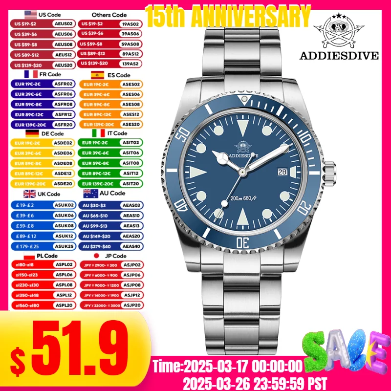 ADDIESDIVE 39mm Orologi al quarzo Acciaio inossidabile 316L BGW9 Blu luminoso 20Bar Impermeabile AD2068 Display Calendario Orologi da uomo