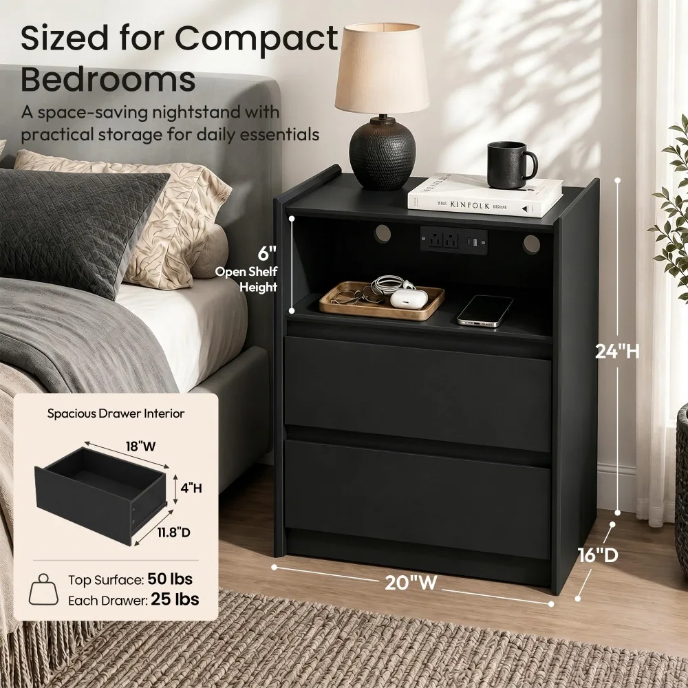 Black Nightstand with Charging Station, 24