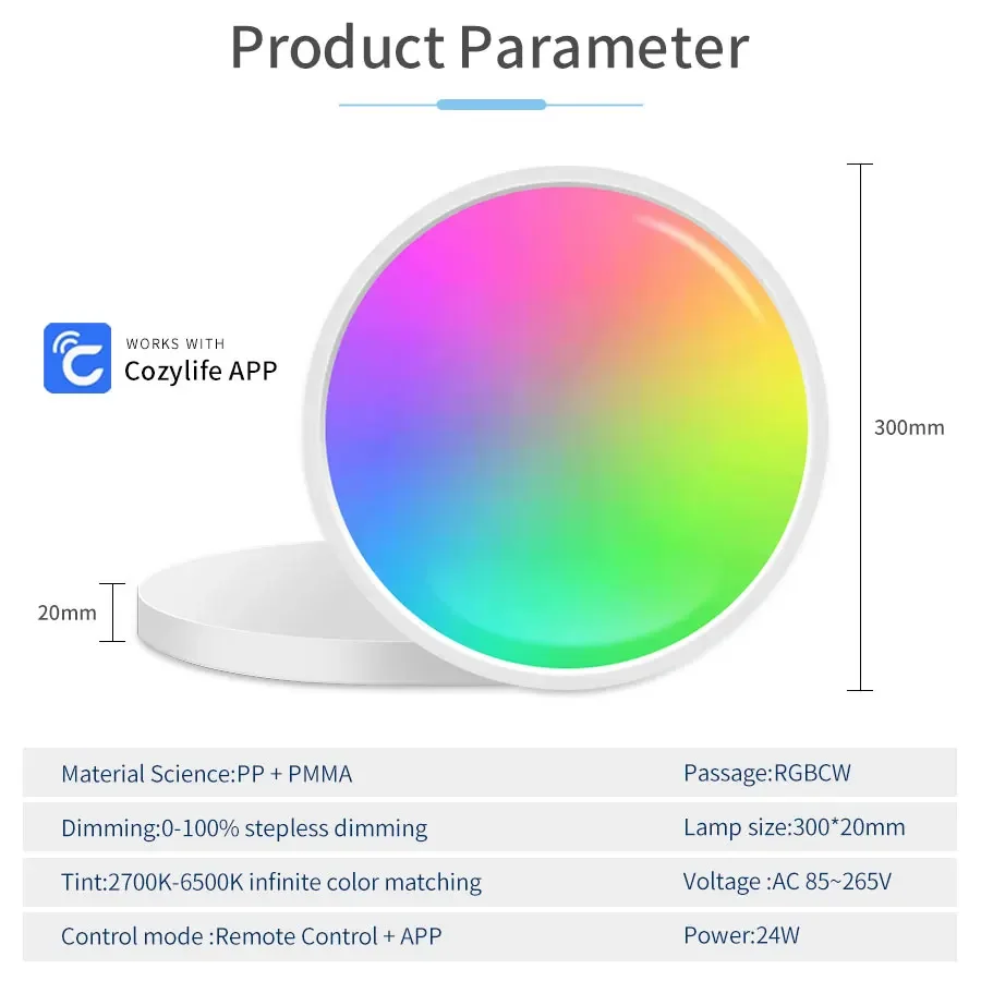 Plafoniera WiFi intelligente 85-265V Luce LED rotonda per interni RGB Dimmerazione colore Controllo APP Cozylife Funziona con Alexa Google Home