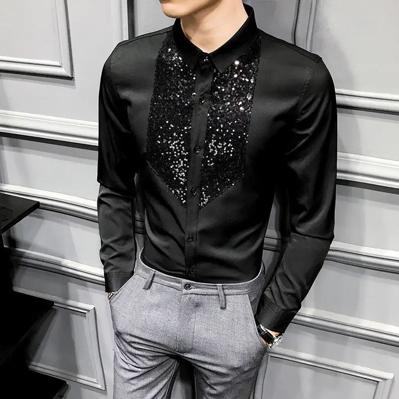 Personalized Sequin Diamond-set Long-sleeved Shirt Men Buttons Versatile Black Cardigan